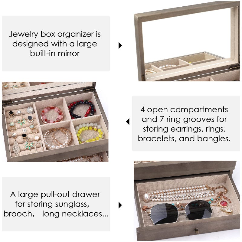 Meangood Jewelry Box Organizer for Women, 2 Layer Large Jewelry Storage Case, Rustic Wooden Jewelry Box with Mirror & Ring Tray for Necklace Earring Bracelets Rings, Vintage Style (Weathered Grey) - Image 3